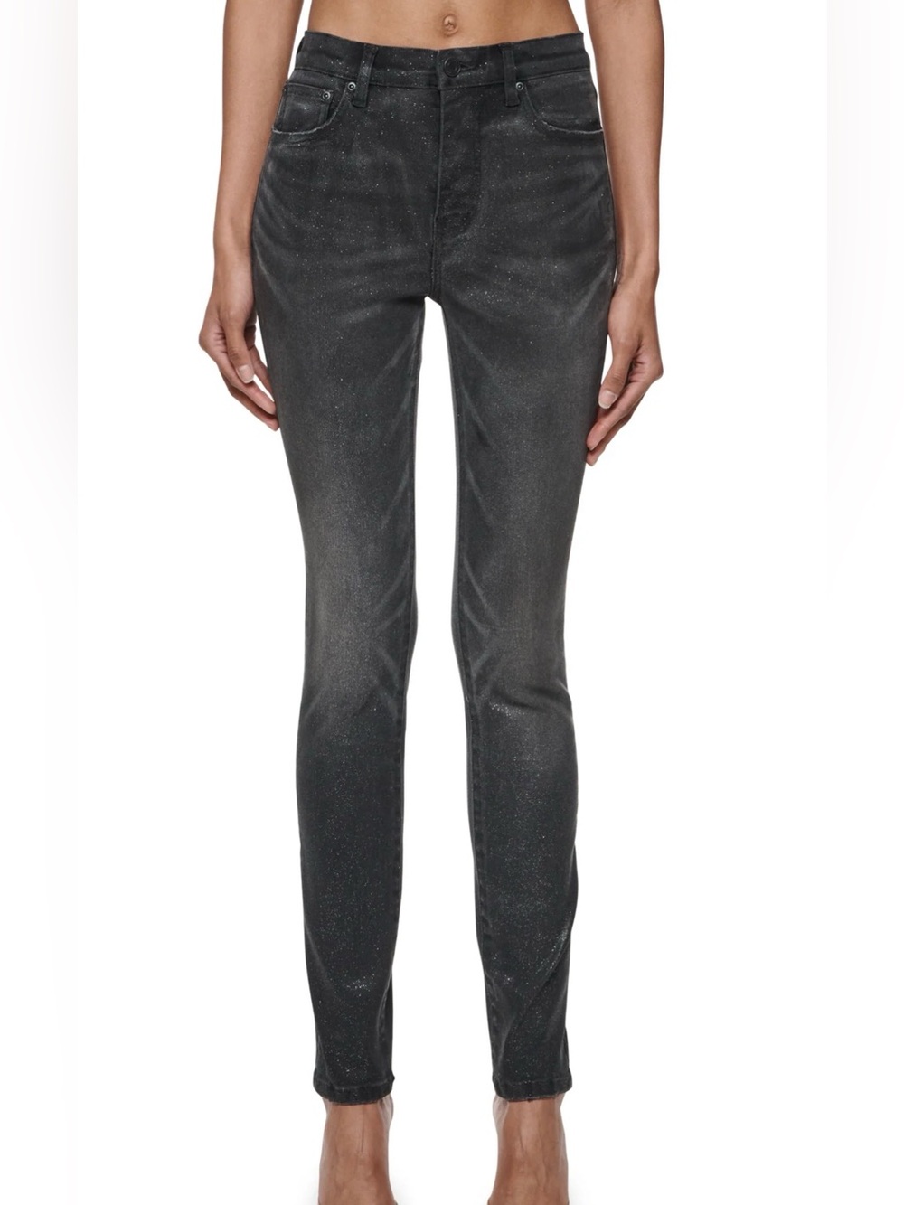 NWT Purple Brand D0000 Mid Rise Skinny Glittery Black Resin Jeans Sz 25